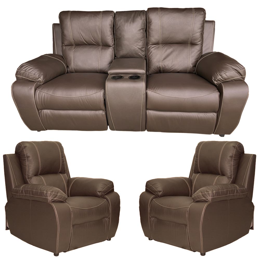 3 Piece Set Special (Premier 2 x 1 Seater and 2 Seater plus Console Non-Reclining, Static) genuine Full Leather Brown