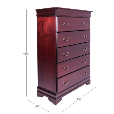 Cindy 5 drawer chest light mahogany with dimensions