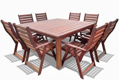 Solid Hardwood Teak 8 Seater Patio Dining Set Special (1700mm Square table & 8 Highback Chairs) Excl Cushions