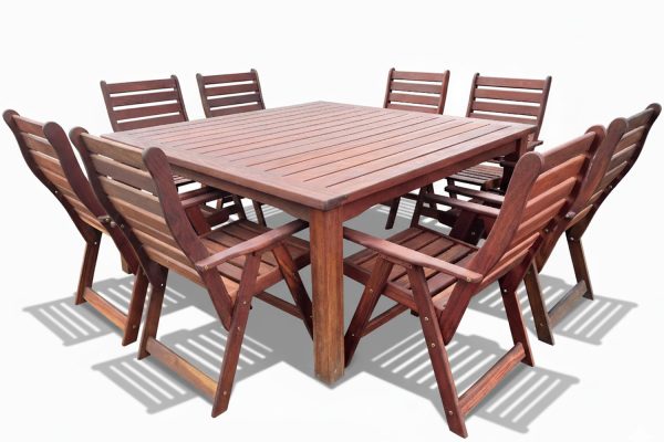 Solid Hardwood Teak 8 Seater Patio Dining Set Special (1700mm Square table & 8 Highback Chairs) Excl Cushions