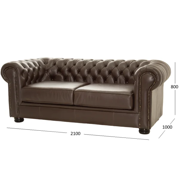 Chesterfield 2 seater Full leather Dark brown with dimensions