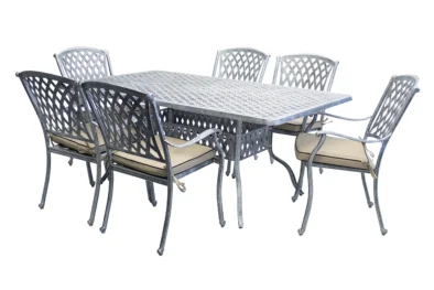 Aluminium Tuscan 6 Seater Dining Set Silver with Beige Cushions