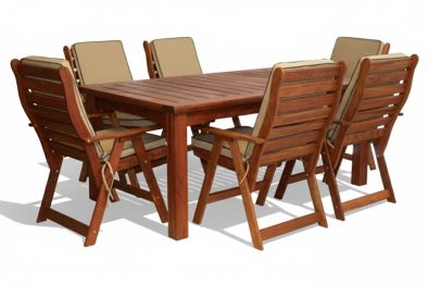 Solid Hardwood Teak 6 Seater Patio Dining Set Special (1800mm Table & 6 Highback Chairs) - Including Beige cushions