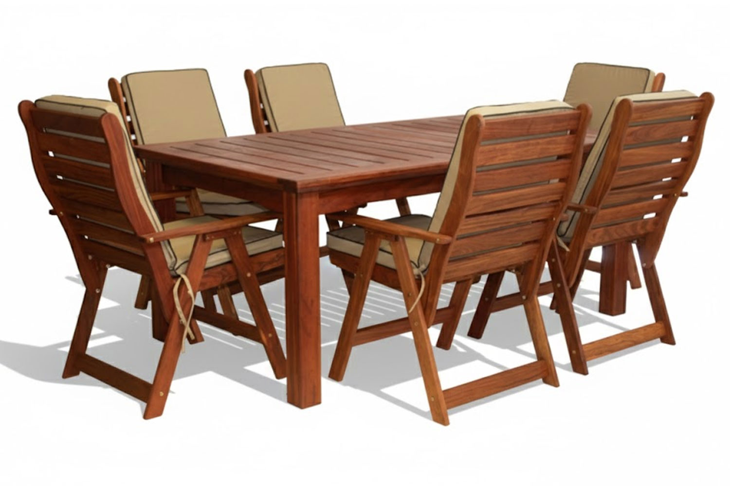 Solid Hardwood Teak 6 Seater Patio Dining Set Special (1800mm Table & 6 Highback Chairs) - Including Beige cushions