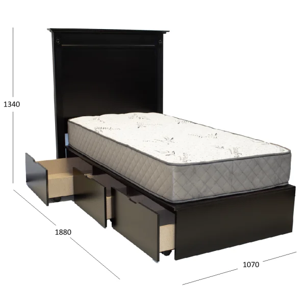 Grandeur headboard 3-4 with Drawer basebed 3-4 with dimension