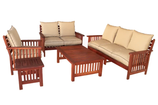 Solid Hardwood Teak 6 Seater 5 Piece Set Special (Morris 1, 2 & 3 seater, Coffee table & Side table) (Including cushions)