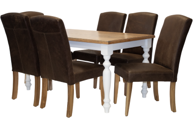7 Piece Primo French Dining set Special (French 6 Seater Dining Table (1500 X 900) Oak Veneer 2 Tone & 6 Primo Exotic genuine Full leather Dining chairs)
