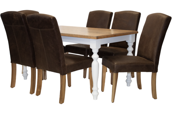 7 Piece Primo French Dining set Special (French 6 Seater Dining Table (1500 X 900) Oak Veneer 2 Tone & 6 Primo Exotic genuine Full leather Dining chairs)
