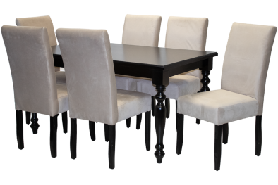 7 Piece Solo French Dining set Special (French 6 Seater Dining Table (1500 X 900) Veneer Mahogany & 6 Solo Vanilla Velvet Dining chairs)