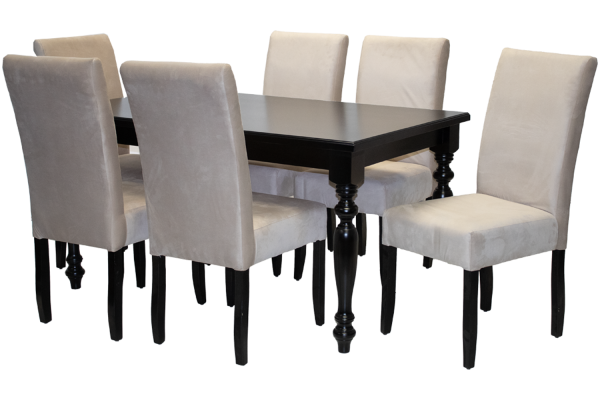 7 Piece Solo French Dining set Special (French 6 Seater Dining Table (1500 X 900) Veneer Mahogany & 6 Solo Vanilla Velvet Dining chairs)