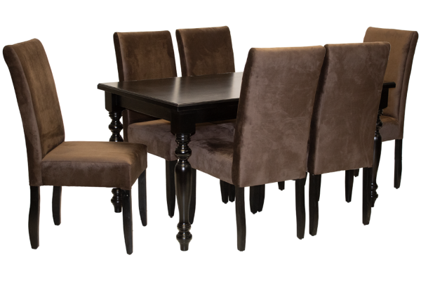 7 Piece Solo French Dining set Special (French 6 Seater Dining Table (1500 X 900) Veneer Mahogany & 6 Solo Velvet Dining chairs)