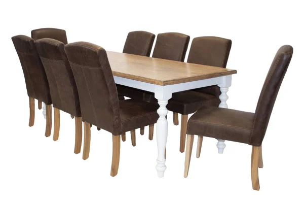 9 Piece Primo French Dining set Special (French 8 Seater Dining Table (2100 X 900) Oak Veneer 2 Tone & 8 Primo Exotic genuine Full leather Dining chairs with solid blackwood legs)
