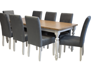 9 Piece Solo French Dining set Special (French 8 Seater Dining Table (2100 X 900) Oak Veneer 2 Tone & 8 Solo Velvet Grey Dining chairs)