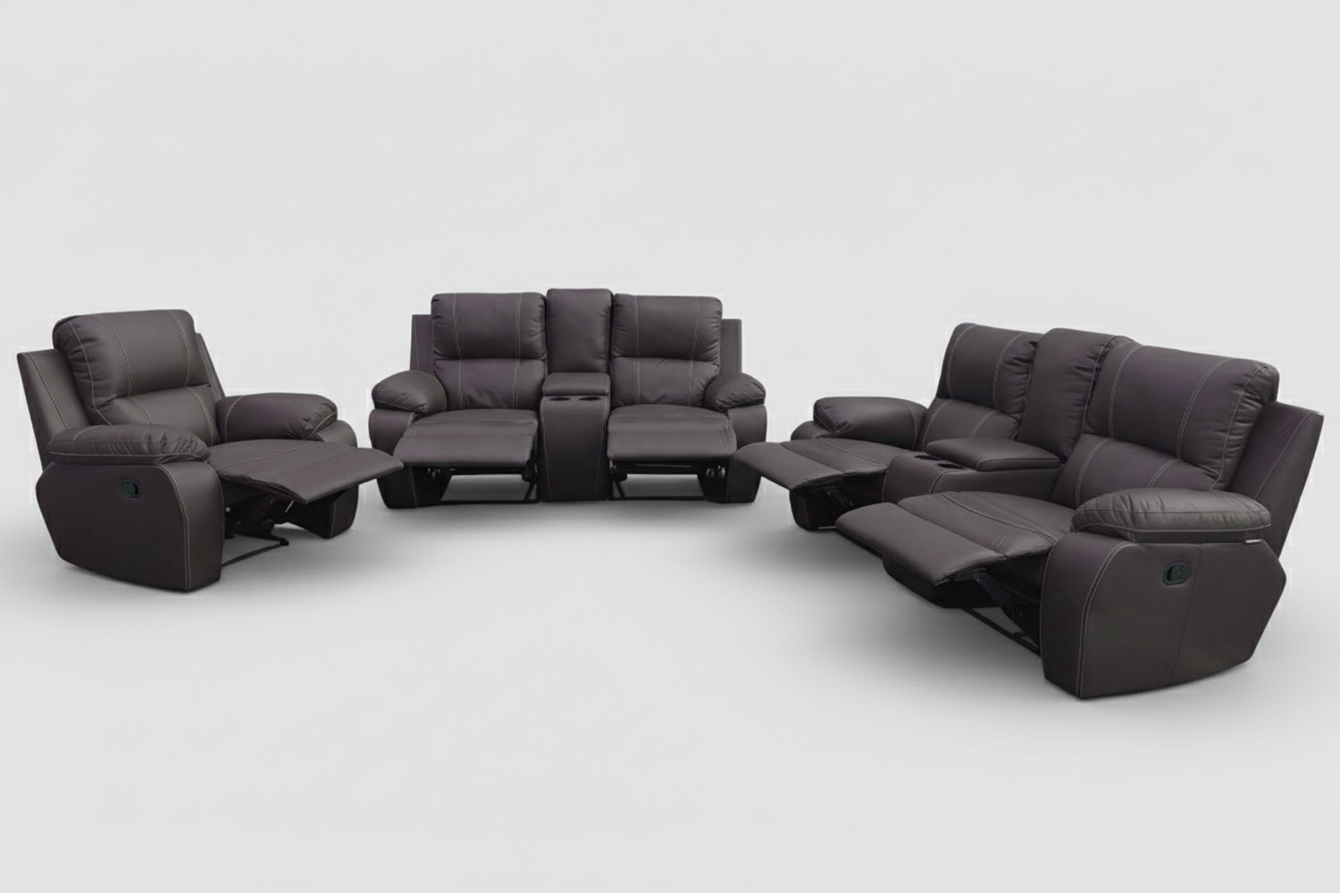 Genuine Full Leather 3 Piece 5 Action + 2 Consoles Recliner Set Special (Premier 1 Seater 1 Action, 2x 2 Seater 2 Action plus 2 consoles) Brown