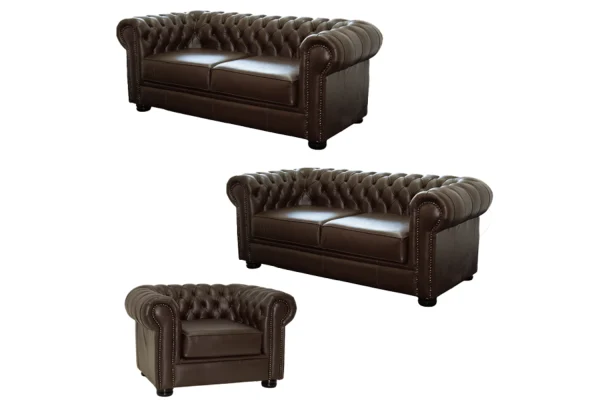 Genuine Full Leather 3 Piece Set Special (Chesfield 1 Seater and 2 x 2 Seaters) D.Brown (XL deep seat)
