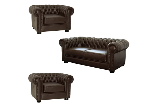 Genuine Full Leather 3 Piece Set Special (Chesfield 2 x 1 Seater and 2 Seater) D.Brown - XL Deep seat