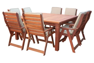 Solid Hardwood Teak 8 Seater Patio Dining Set Special (1700mm Square table & 8 Highback Chairs) Including Beige Cushions