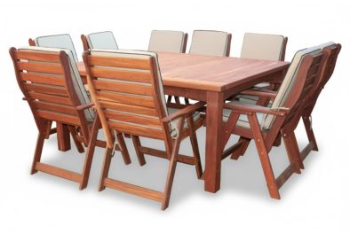 Solid Hardwood Teak 8 Seater Patio Dining Set Special (1700mm Square table & 8 Highback Chairs) Including Beige Cushions