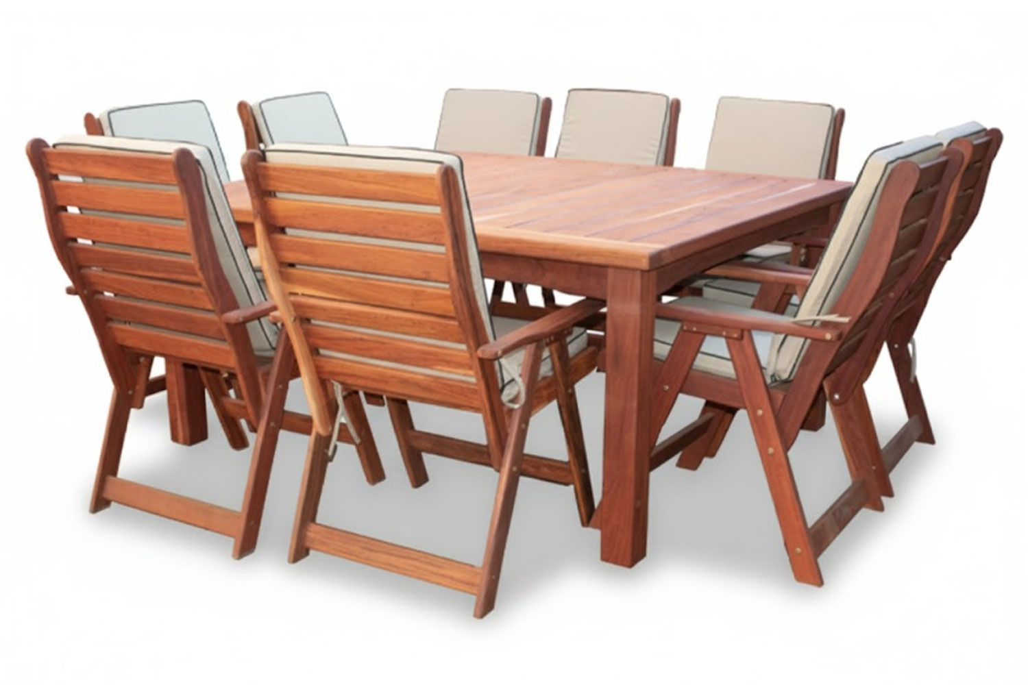 Solid Hardwood Teak 8 Seater Patio Dining Set Special (1700mm Square table & 8 Highback Chairs) Including Beige Cushions