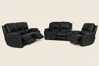 Genuine FULL LEATHER 3 PIECE 5 ACTION Recliner SET SPECIAL (PREMIER 1 SEATER 1 ACTION, 2 SEATER 2 ACTION AND 3 SEATER 2 ACTION) Black