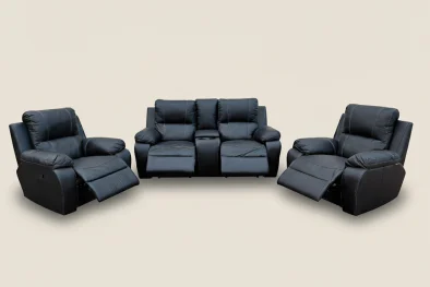 Genuine Full Leather 3 Piece 4 Action + Console Recliner Set Special (Premier 1 Seater 1 Action x2, 2 Seater 2 Action plus console) Black