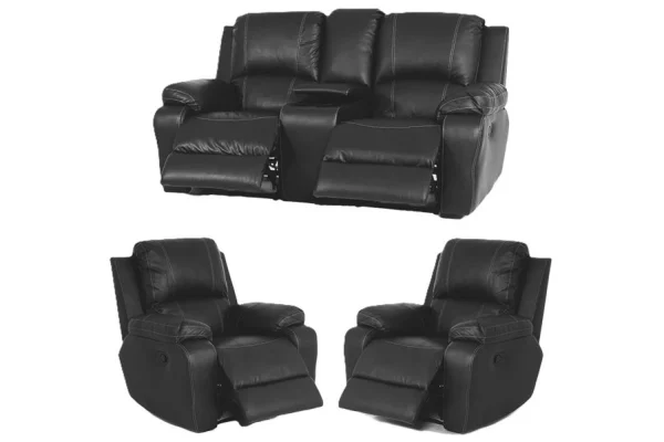 Genuine Full Leather 3 Piece 4 Action + Console Recliner Set Special (Premier 1 Seater 1 Action x2, 2 Seater 2 Action plus console) Black