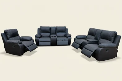 Genuine Full Leather 3 Piece 5 Action + 2 Consoles Recliner Set Special (Premier 1 Seater 1 Action, 2x 2 Seater 2 Action plus 2 consoles) Black