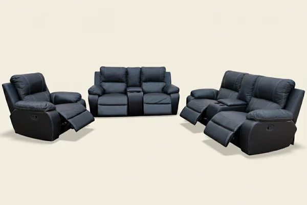Genuine Full Leather 3 Piece 5 Action + 2 Consoles Recliner Set Special (Premier 1 Seater 1 Action, 2x 2 Seater 2 Action plus 2 consoles) Black