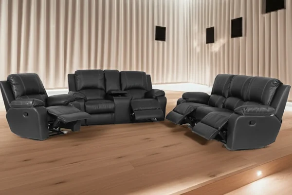 Genuine Full Leather 3 Piece 5 Action + Console Recliner Set Special Black