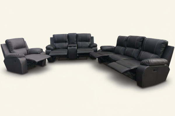 Genuine Full Leather 3 Piece 5 Action + Console Recliner Set Special Black Cream background
