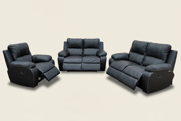 Genuine Full Leather 3 Piece 5 Action Recliner Set Special (Premier 1 Seater 1 Action and 2 Seater 2 Action X 2) Black
