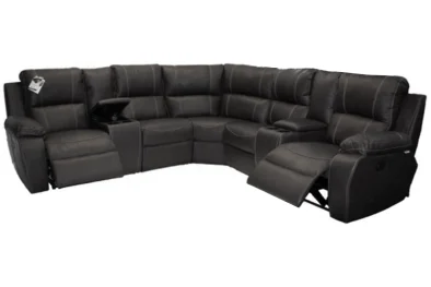 Genuine Full Leather Premier 5 Seater Corner Unit Special (2 Action) Plus 2 Consoles -Black