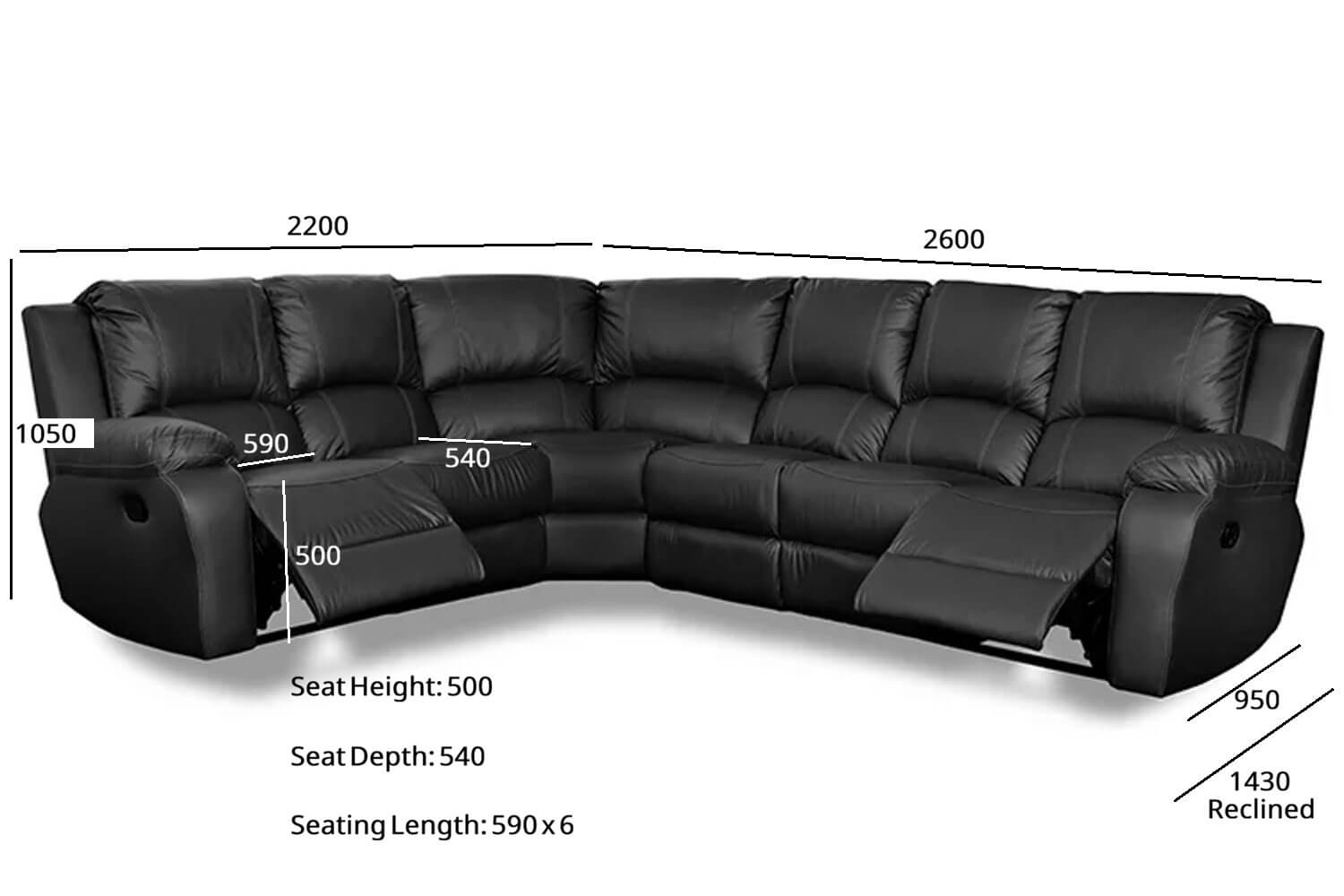 Premier Genuine Leather Recliner Corner Lounge 6-Seater (2-Action, Black) - Image 3