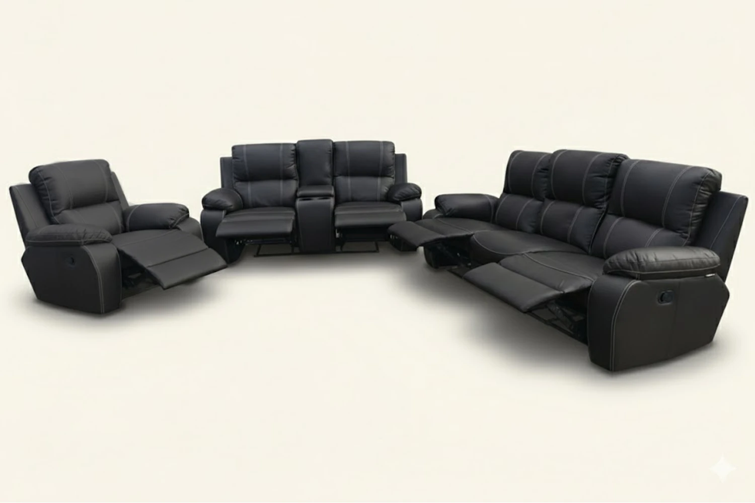 Genuine Full Leather 3 Piece 5 Action + Console Recliner Set Special Black Cream background
