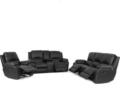 Genuine Full Leather 3 Piece 5 Action + Console Recliner Set Special Black