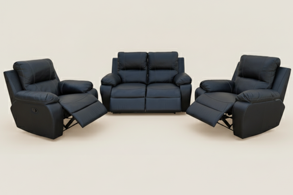 Genuine Full Leather 3 Piece 4 Action Recliner Set Special (Premier 1 Seater 1 Action X 2 and 2 Seater 2 Action) Black