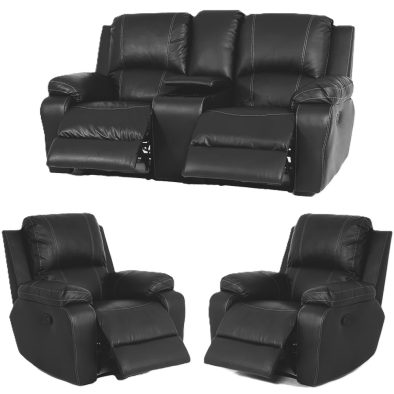 Genuine Full Leather 3 Piece 4 Action + Console Recliner Set Special (Premier 1 Seater 1 Action x2, 2 Seater 2 Action plus console) Black