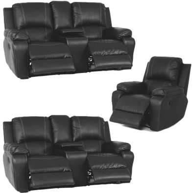 Genuine Full Leather 3 Piece 5 Action + 2 Consoles Recliner Set Special (Premier 1 Seater 1 Action, 2x 2 Seater 2 Action plus 2 consoles) Black