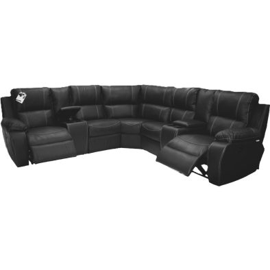 Genuine Full Leather Premier 5 Seater Corner Unit Special (2 Action) Plus 2 Consoles -Black