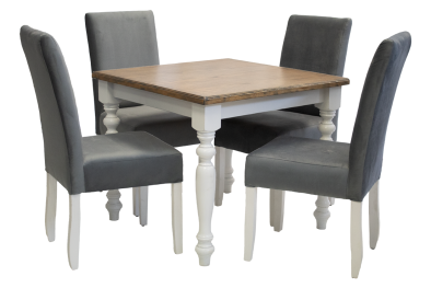 5 Piece Solo French Dining set Special (French 4 Seater Dining Table (900 X 900) Oak Veneer 2 Tone & 4 Solo Grey Velvet Dining chairs)