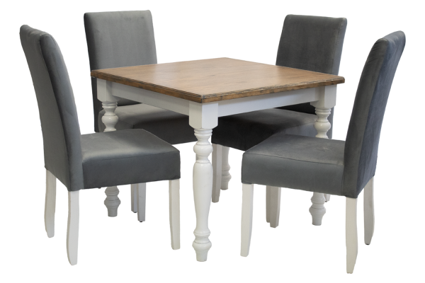 5 Piece Solo French Dining set Special (French 4 Seater Dining Table (900 X 900) Oak Veneer 2 Tone & 4 Solo Grey Velvet Dining chairs)