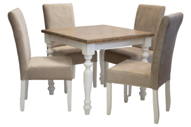 5 Piece Solo French Dining set Special (French 4 Seater Dining Table (900 X 900) Oak Veneer 2 Tone & 4 Solo Velvet Vanilla Dining chairs)