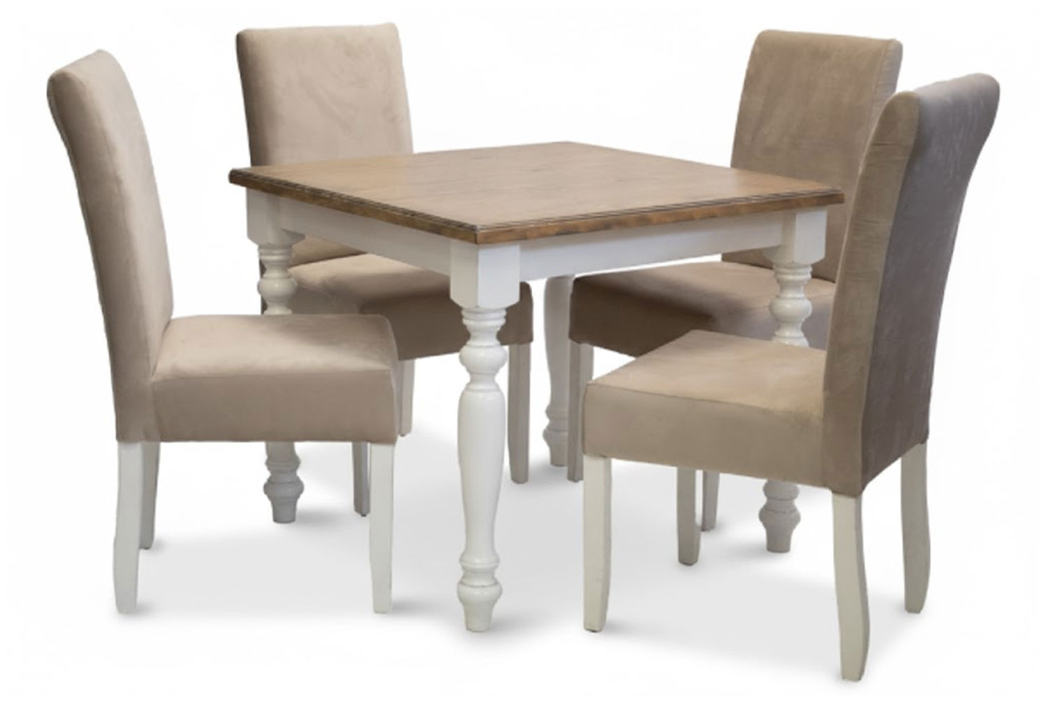 5 Piece Solo French Dining set Special (French 4 Seater Dining Table (900 X 900) Oak Veneer 2 Tone & 4 Solo Velvet Vanilla Dining chairs)