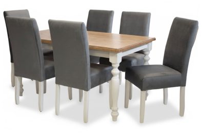 7 Piece Solo French Dining set Special (French 6 Seater Dining Table (1500 X 900) Oak Veneer 2 Tone & 6 Solo Velvet Grey Dining chairs)