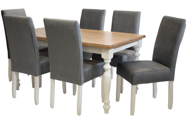7 Piece Solo French Dining set Special (French 6 Seater Dining Table (1500 X 900) Oak Veneer 2 Tone & 6 Solo Velvet Grey Dining chairs)