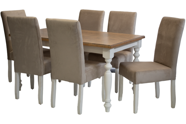 7 Piece Solo French Dining set Special (French 6 Seater Dining Table (1500 X 900) Oak Veneer 2 Tone & 6 Solo Velvet Vanilla Dining chairs)