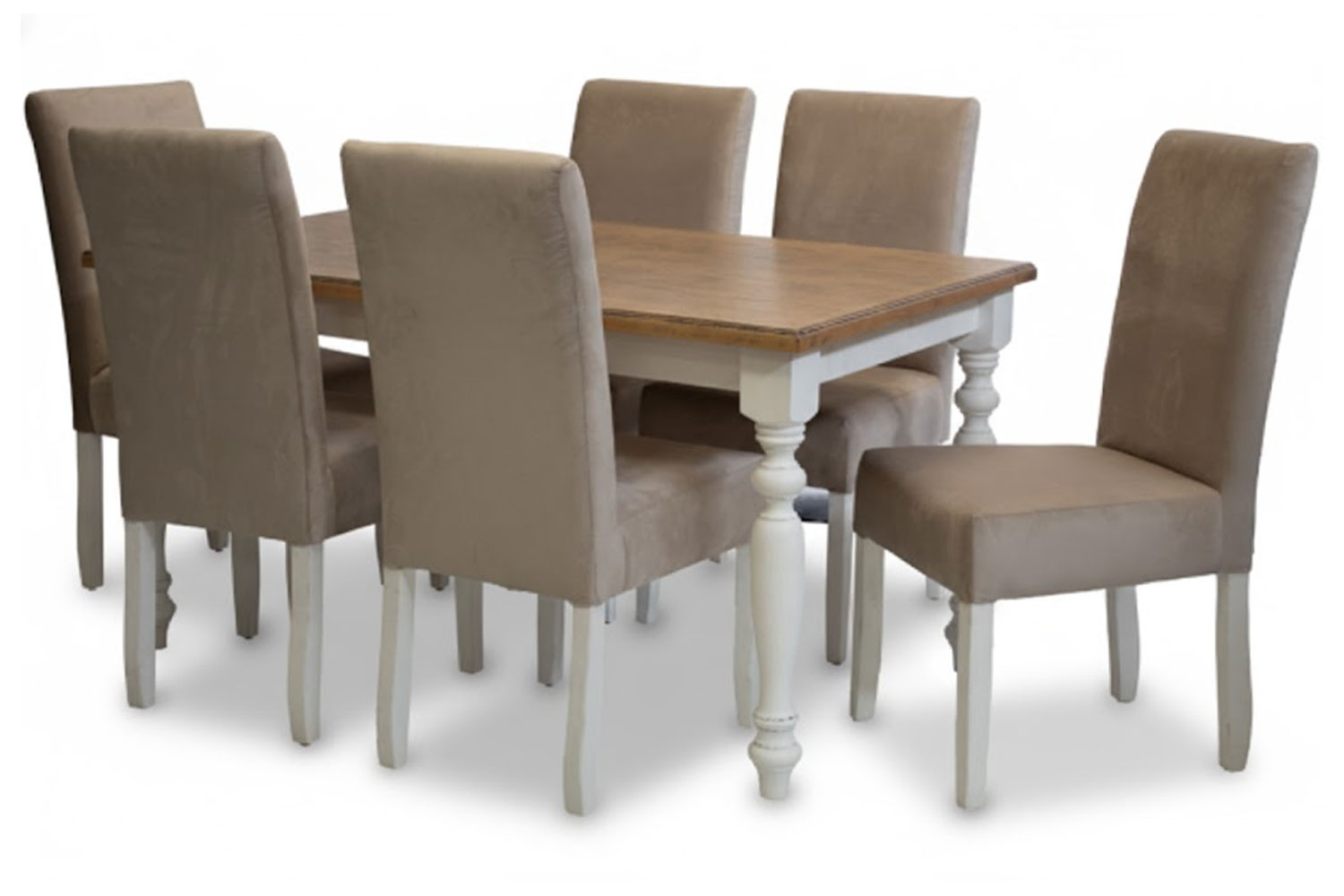 7 Piece Solo French Dining set Special (French 6 Seater Dining Table (1500 X 900) Oak Veneer 2 Tone & 6 Solo Velvet Vanilla Dining chairs)