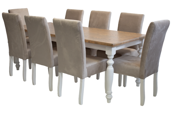 9 Piece Solo French Dining set Special (French 8 Seater Dining Table (2100 X 900) Oak Veneer 2 Tone & 8 Solo Velvet Vanilla Dining chairs)