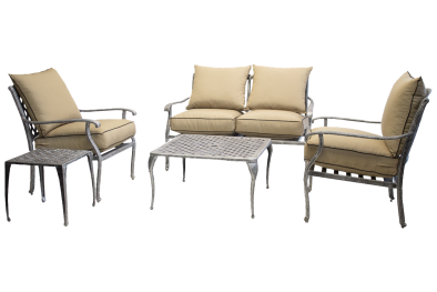 Aluminium 5 Piece 4 Seater Morris set Silver with Beige cushions