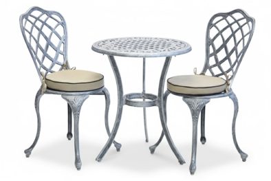 Aluminium Coral 2 Seater Silver on Black Dining Set 600 Round with Beige Cushions